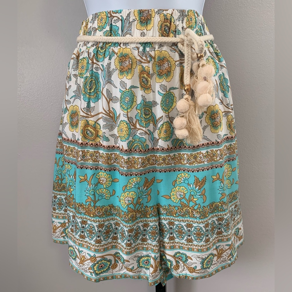 NWT ARATTA Boho Floral Tassel Waist Shorts - Teal & Yellow